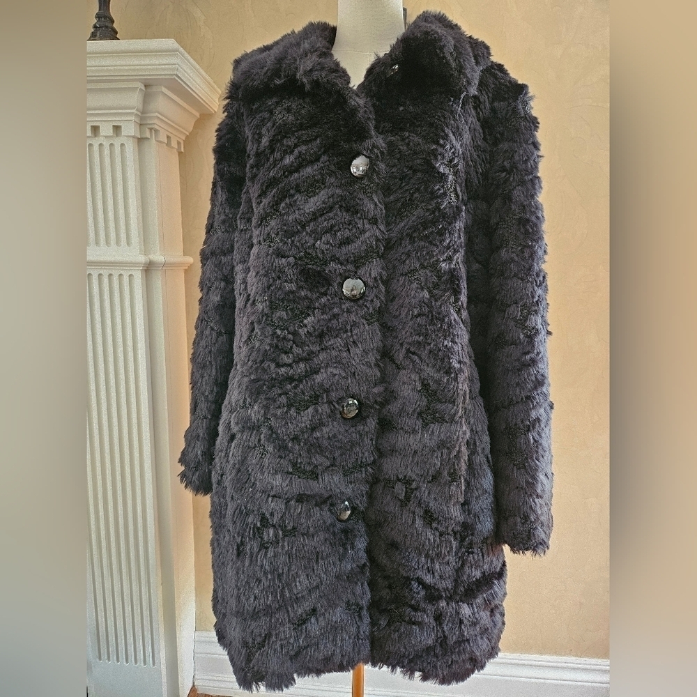 Vintage Dennis Basso Madison Ave Black Faux Fur Fully Lined Coat-Size Large